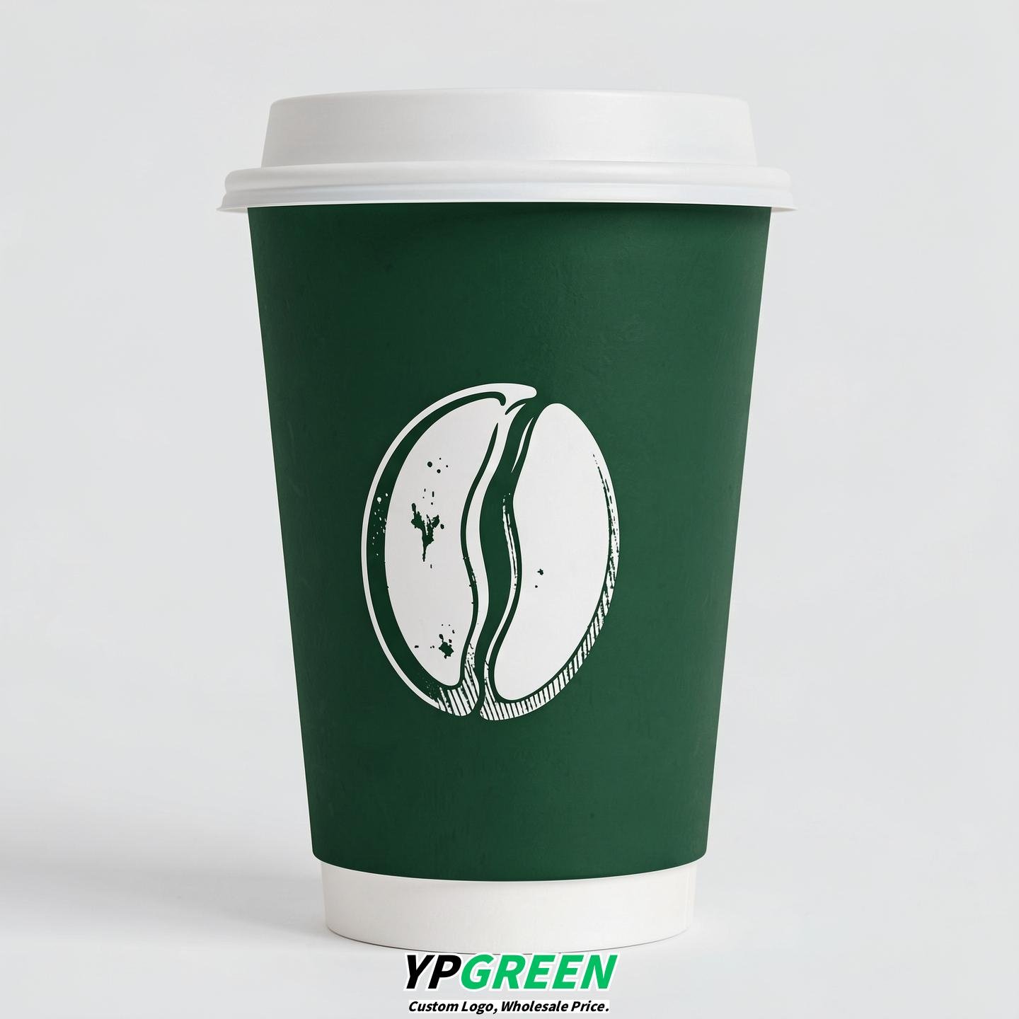 Forest Green Paper Cups with Coffee Bean Logo & Lids 8-24oz