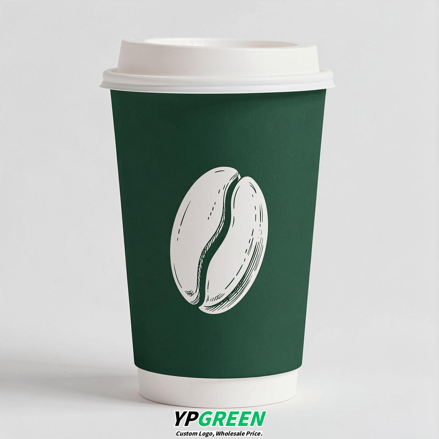 Forest Green Paper Cups with Coffee Bean Logo & Lids 8-24oz