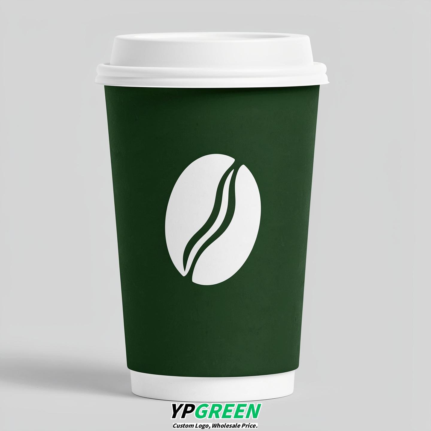 Forest Green Paper Cups with Coffee Bean Logo & Lids 8-24oz Forest Green Paper Cups with Coffee Bean Logo & Lids 8-24oz