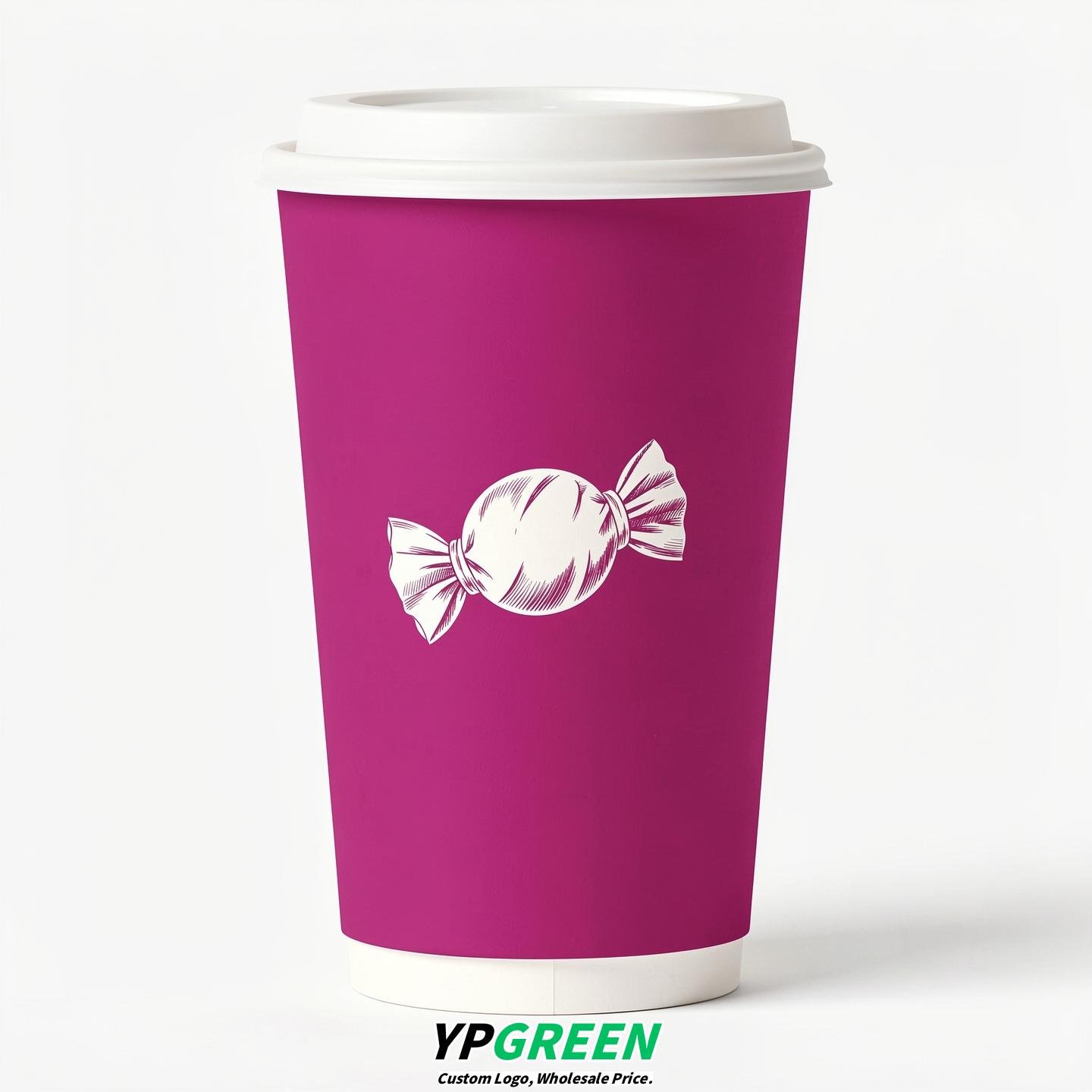 Fuchsia Paper Cups with Candy Logo & Lids 8-24oz