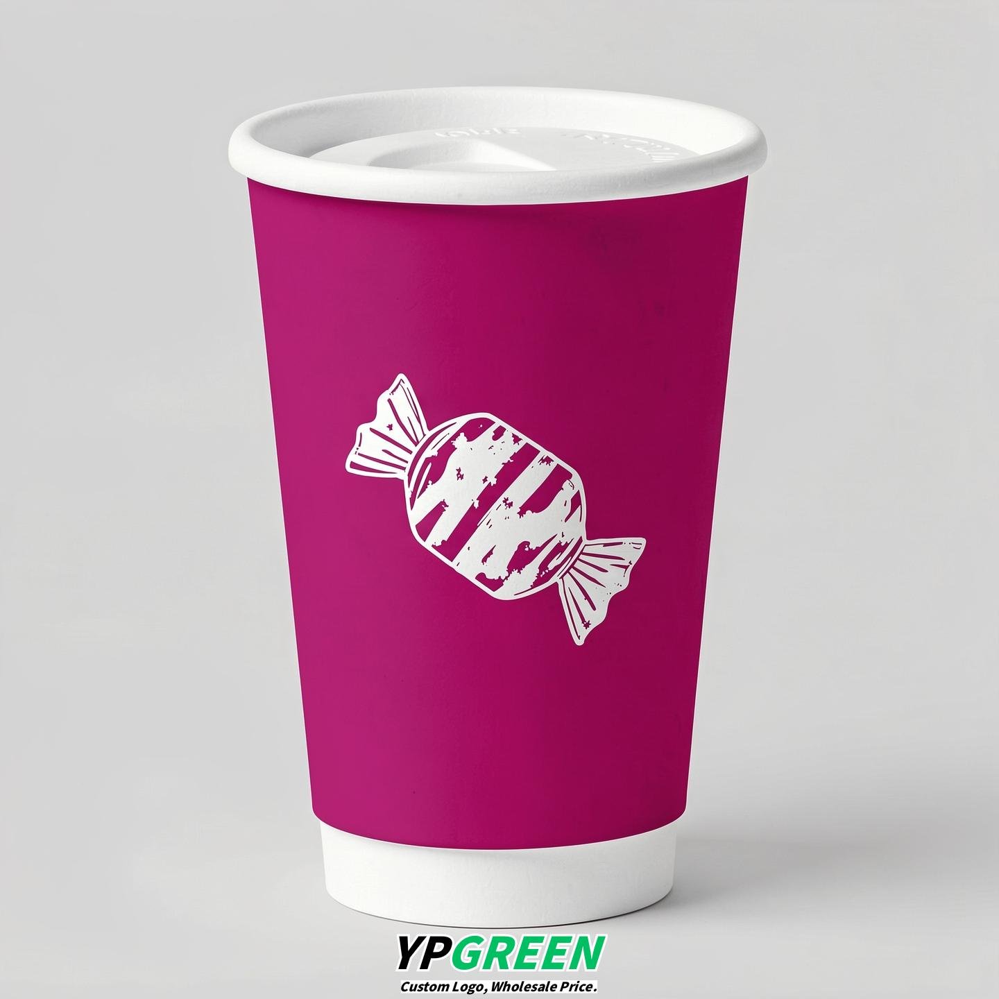 Fuchsia Paper Cups with Candy Logo & Lids 8-24oz