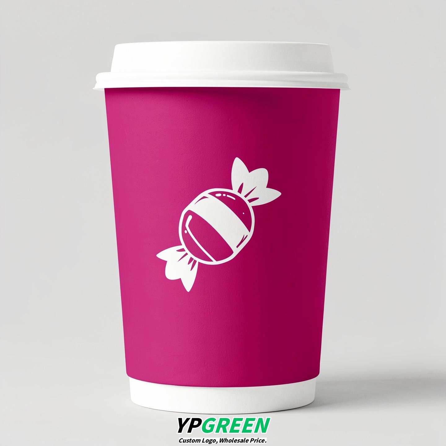 Fuchsia Paper Cups with Candy Logo & Lids 8-24oz