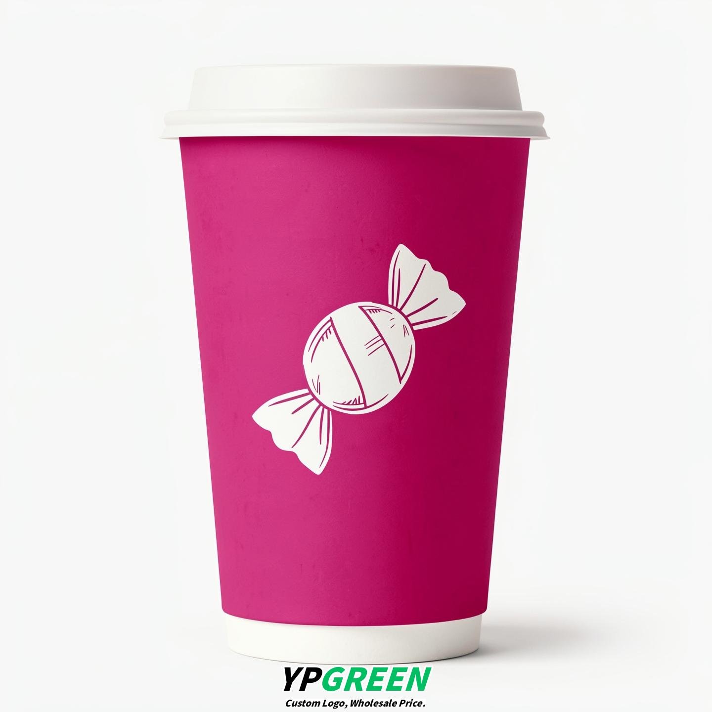 Fuchsia Paper Cups with Candy Logo & Lids 8-24oz
