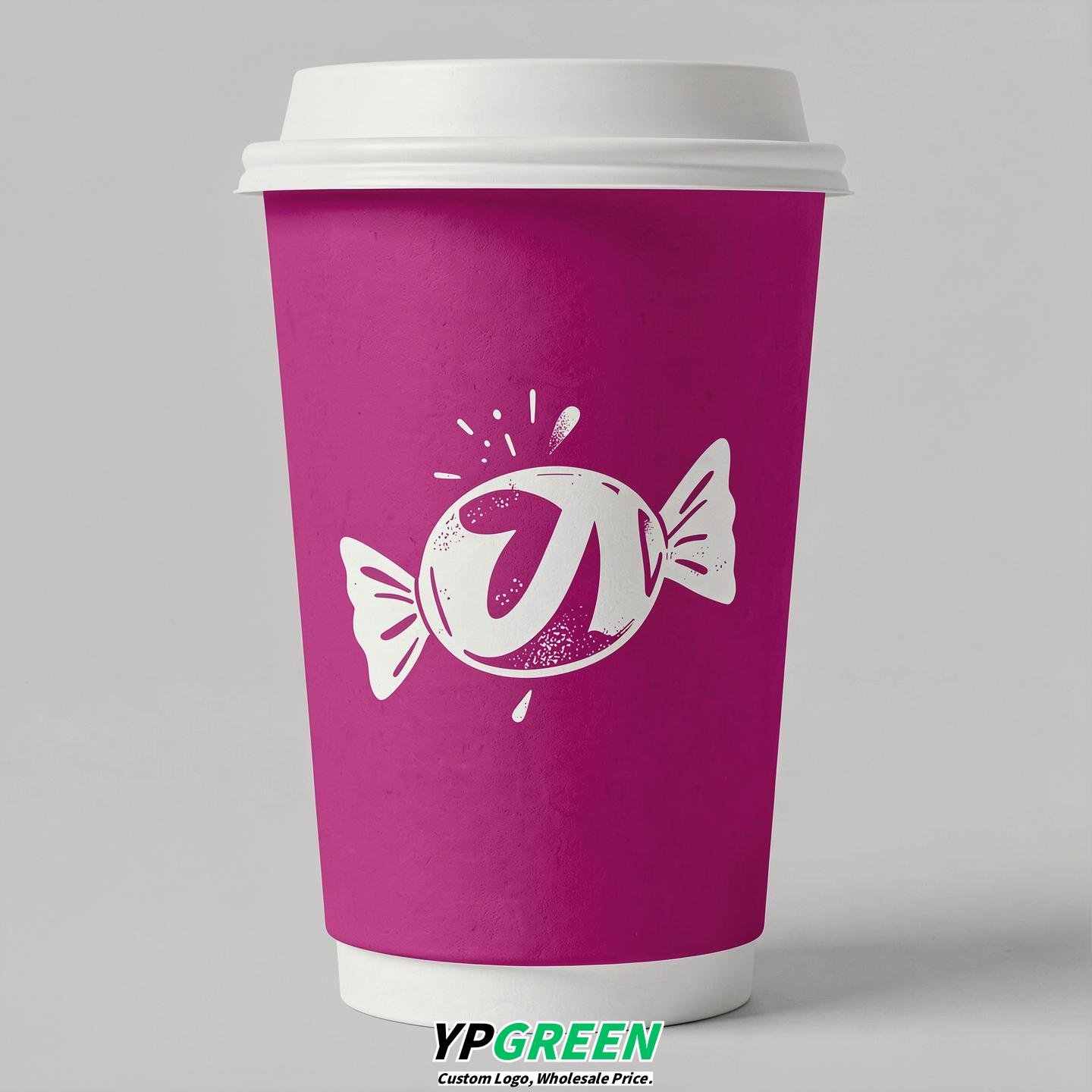 Fuchsia Paper Cups with Candy Logo & Lids 8-24oz