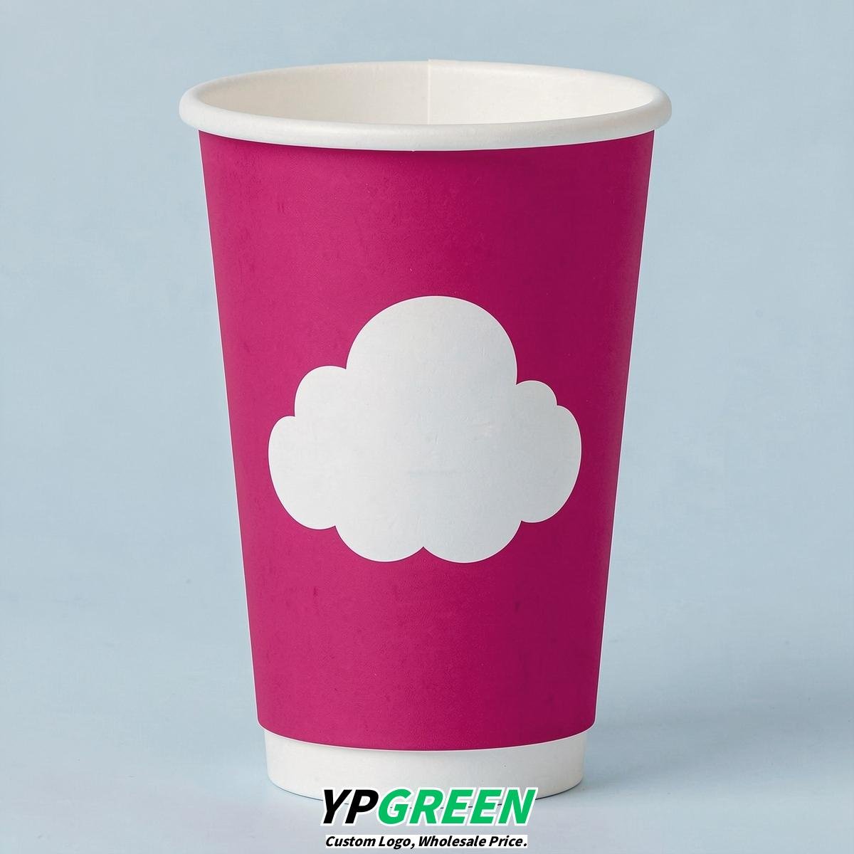 Fuchsia Paper Cups with Clouds Logo & Lids 8-24oz