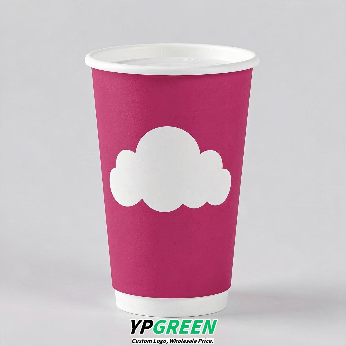 Fuchsia Paper Cups with Clouds Logo & Lids 8-24oz