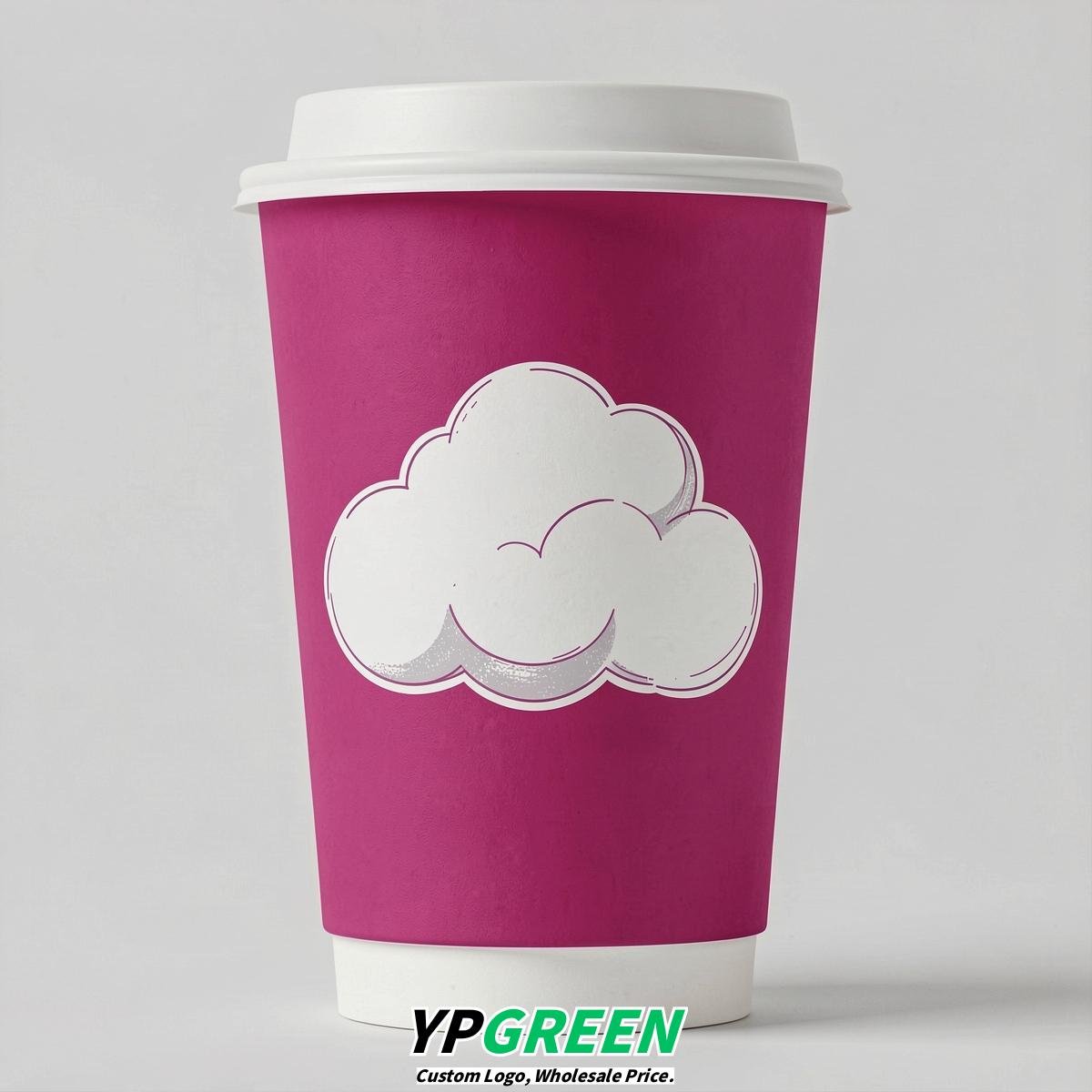 Fuchsia Paper Cups with Clouds Logo & Lids 8-24oz