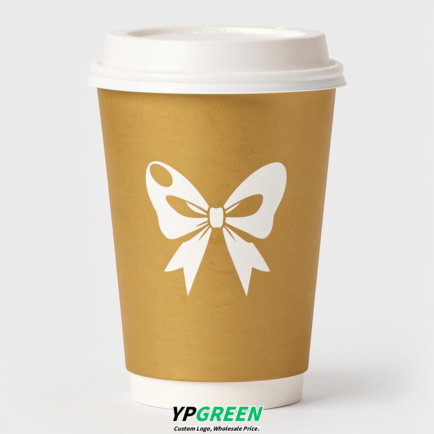 Gold Paper Cups with Bow Logo & Lids 8-24oz
