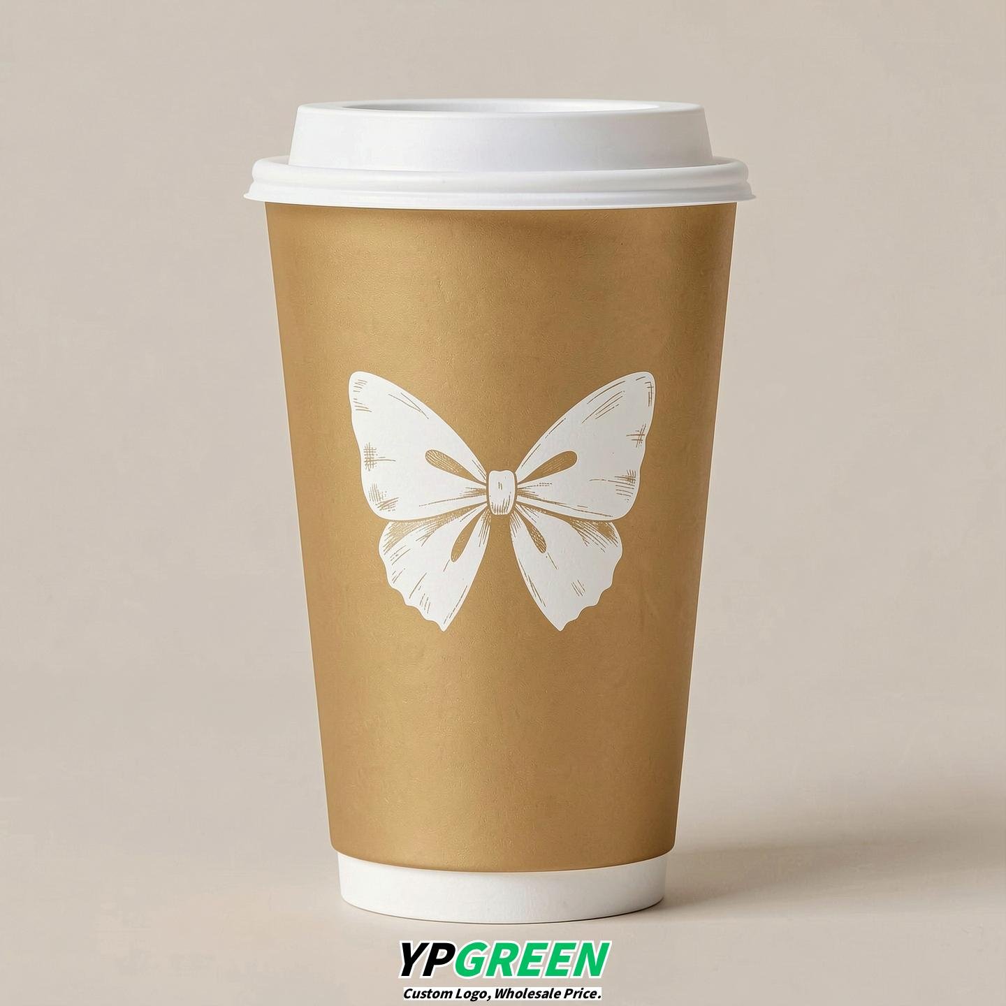 Gold Paper Cups with Bow Logo & Lids 8-24oz Gold Paper Cups with Bow Logo & Lids 8-24oz