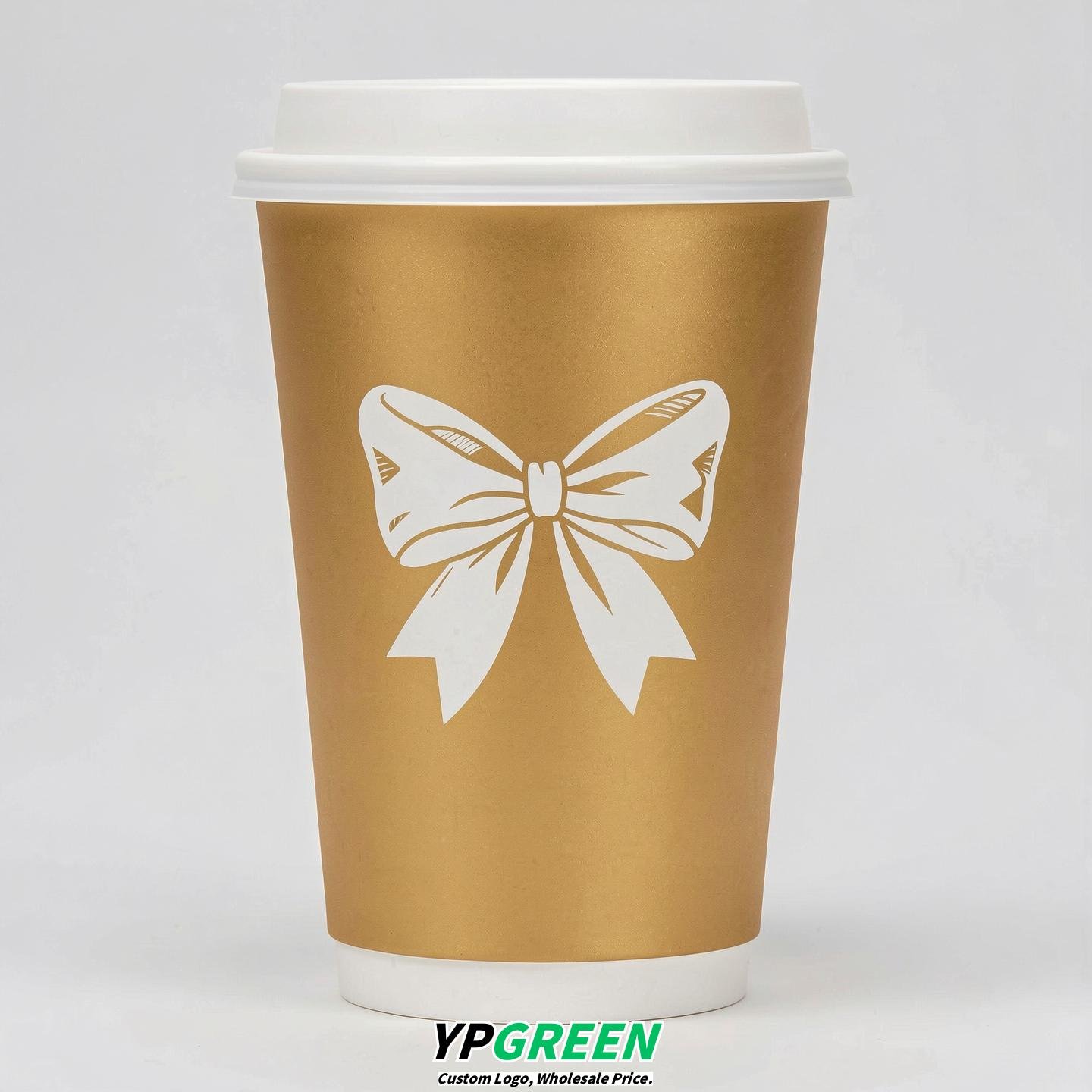 Gold Paper Cups with Bow Logo & Lids 8-24oz