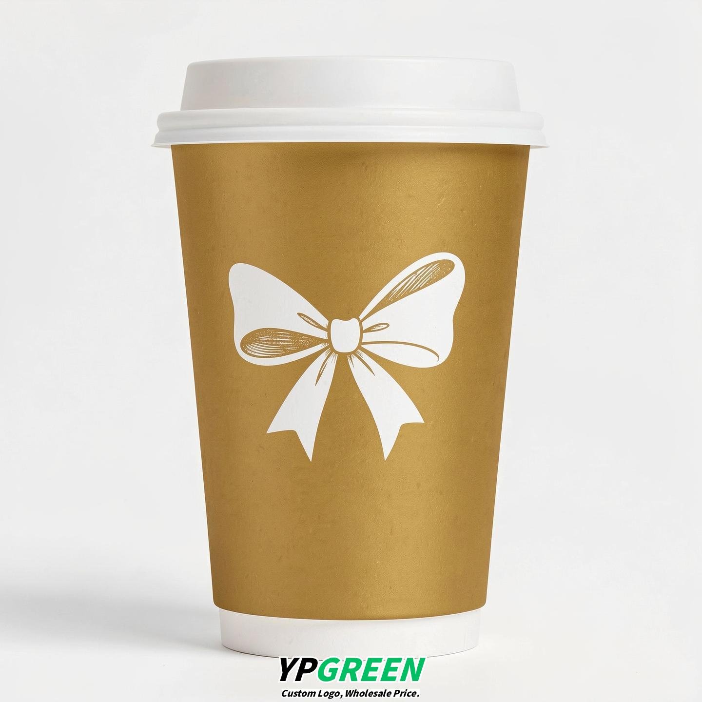 Gold Paper Cups with Bow Logo & Lids 8-24oz