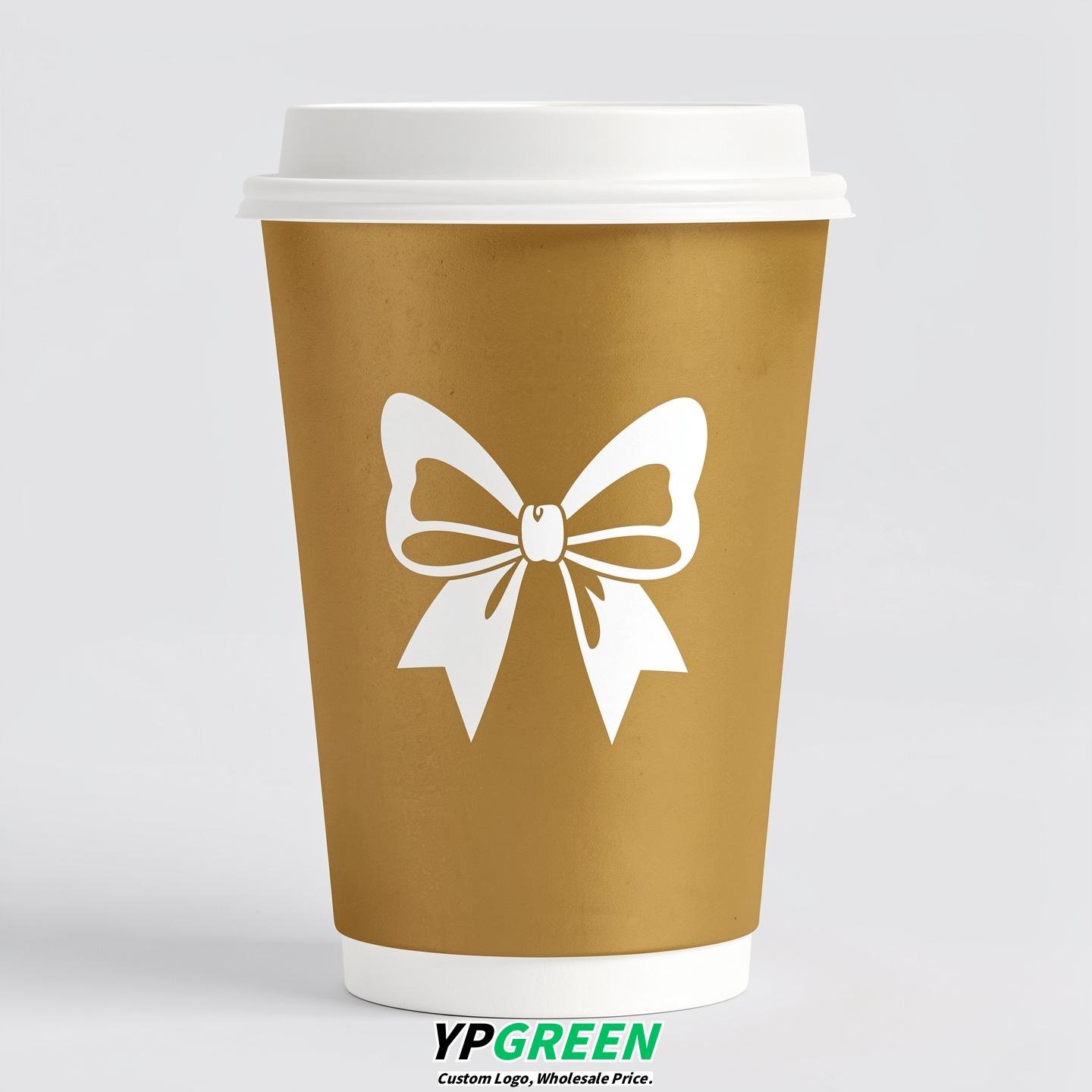 Gold Paper Cups with Bow Logo & Lids 8-24oz