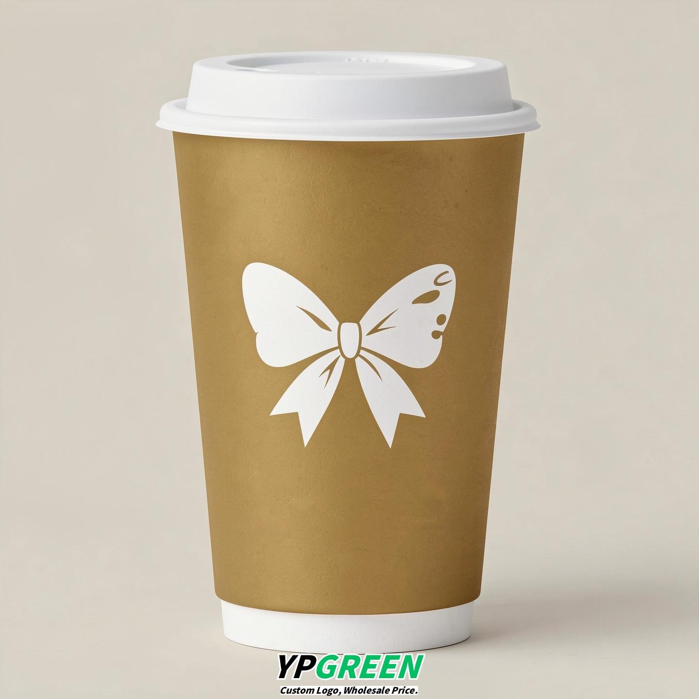 Gold Paper Cups with Bow Logo & Lids 8-24oz