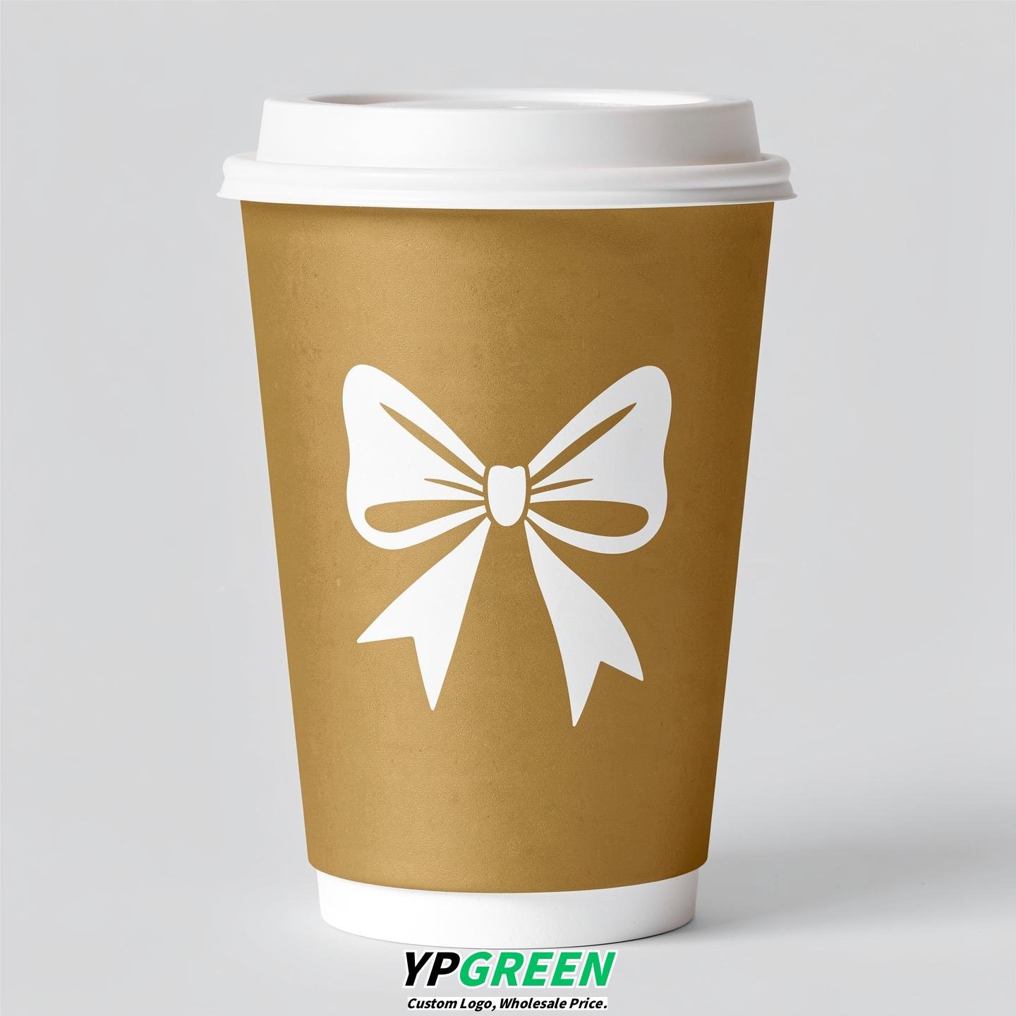 Gold Paper Cups with Bow Logo & Lids 8-24oz