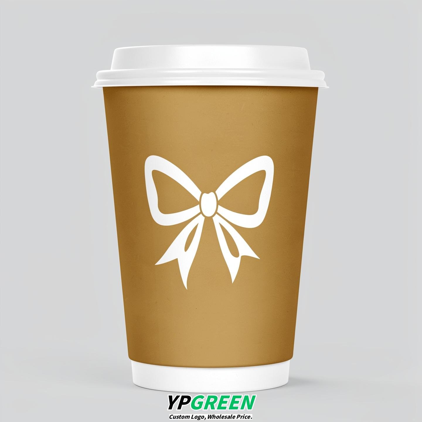 Gold Paper Cups with Bow Logo & Lids 8-24oz