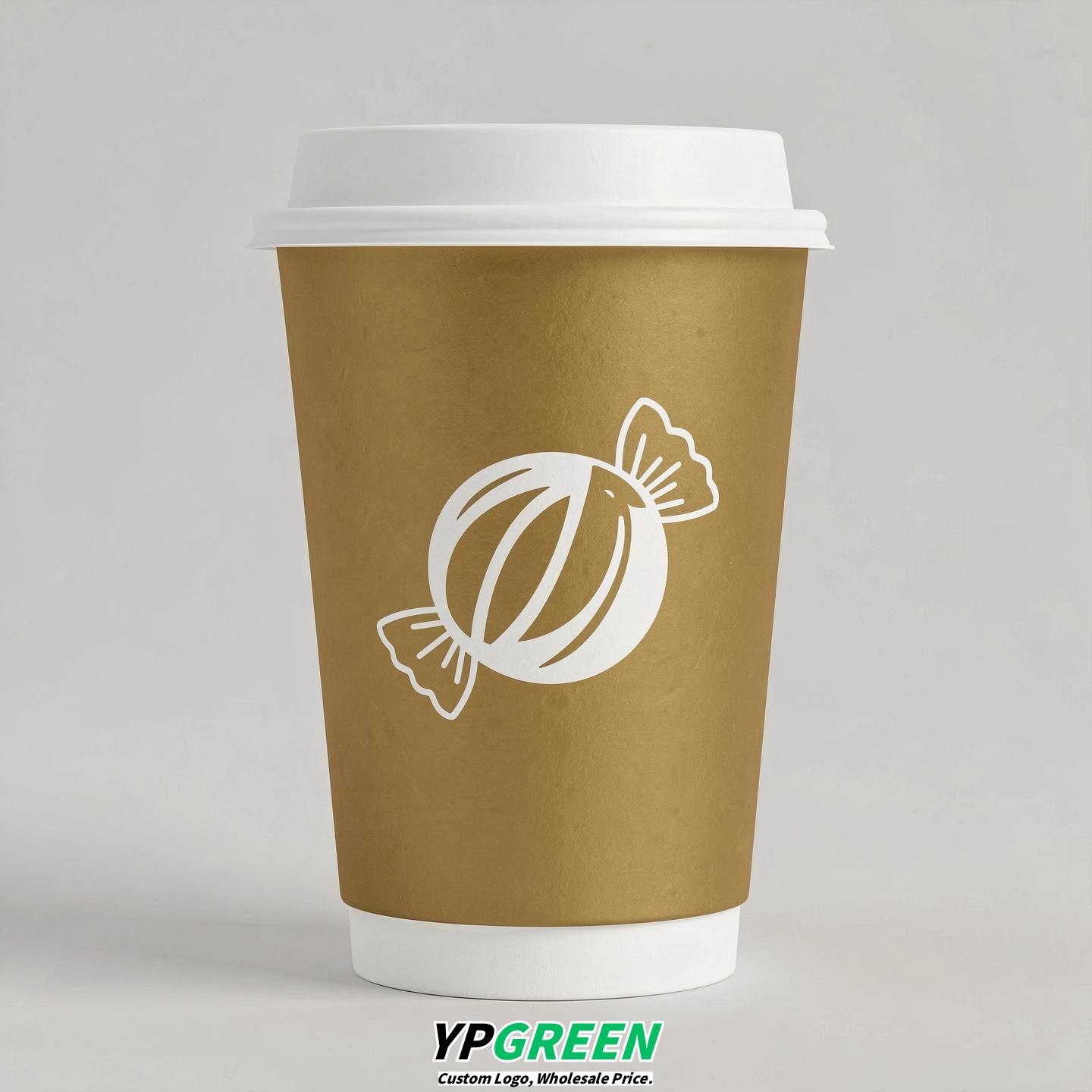 Gold Paper Cups with Candy Logo & Lids 8-24oz
