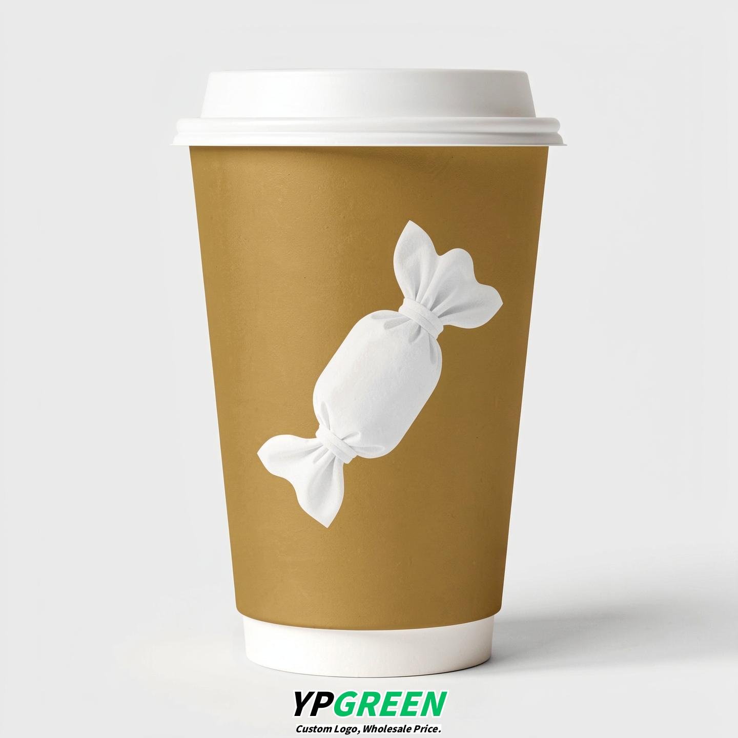 Gold Paper Cups with Candy Logo & Lids 8-24oz