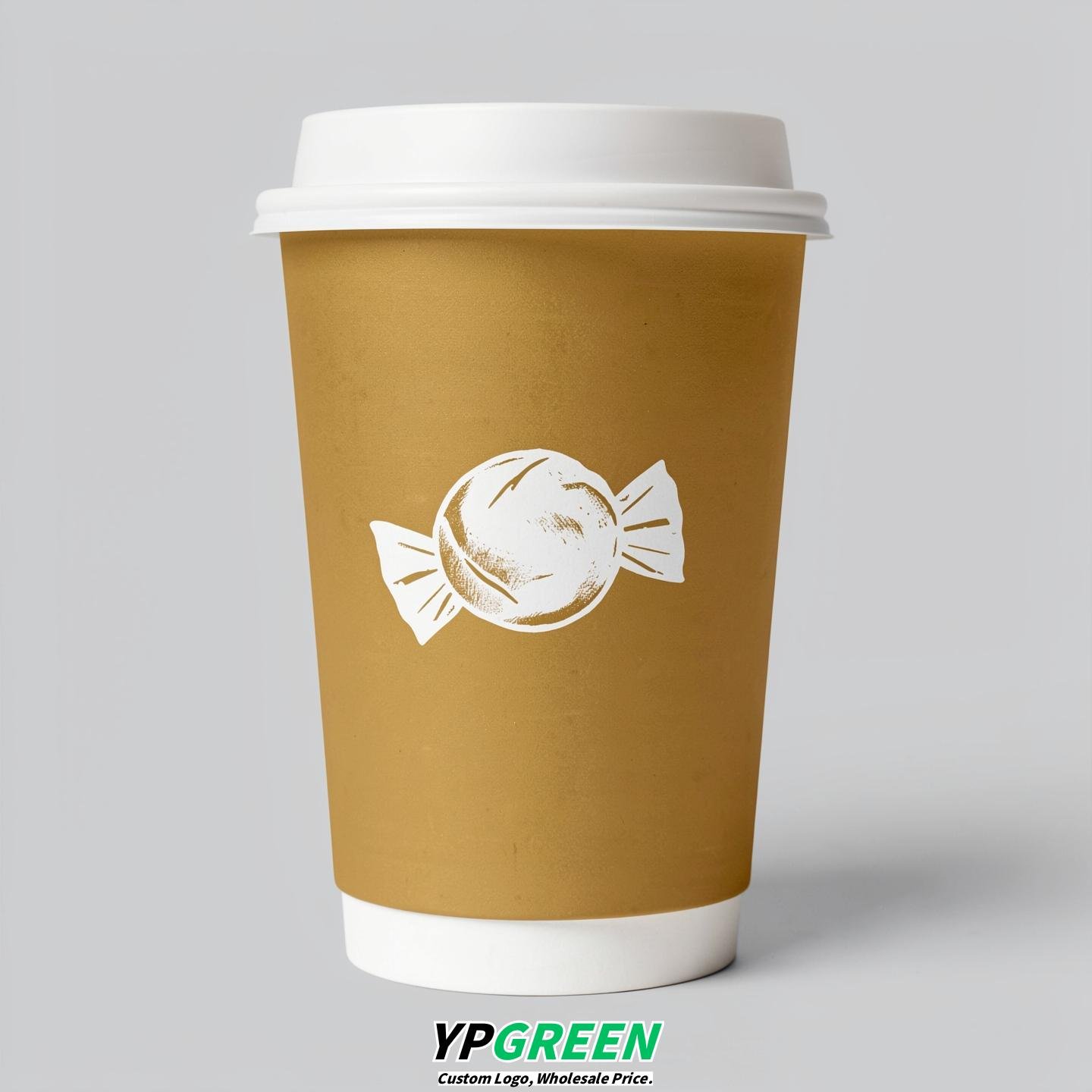 Gold Paper Cups with Candy Logo & Lids 8-24oz