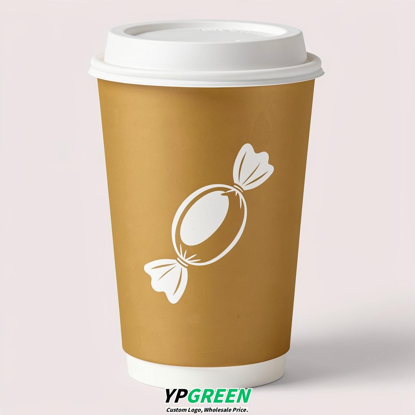 Gold Paper Cups with Candy Logo & Lids 8-24oz