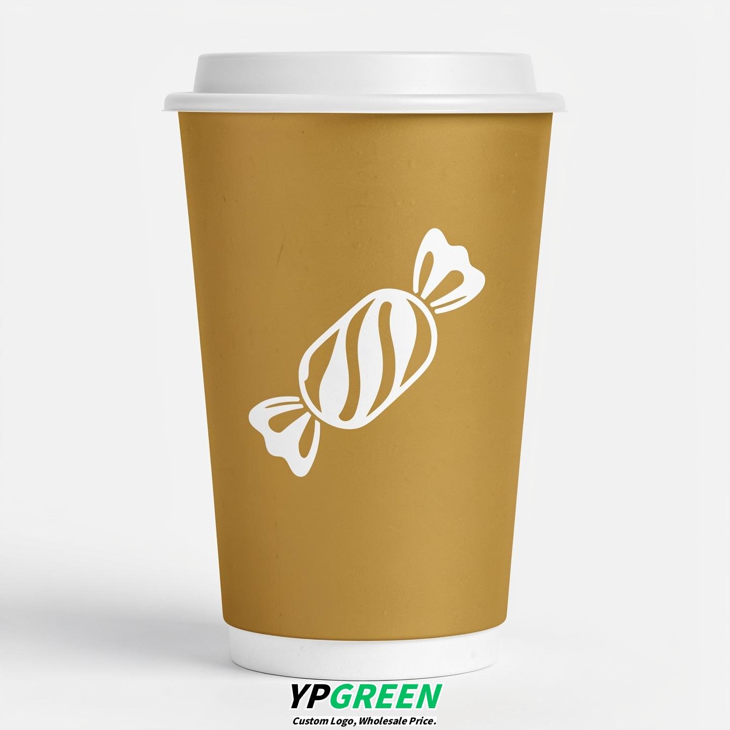Gold Paper Cups with Candy Logo & Lids 8-24oz