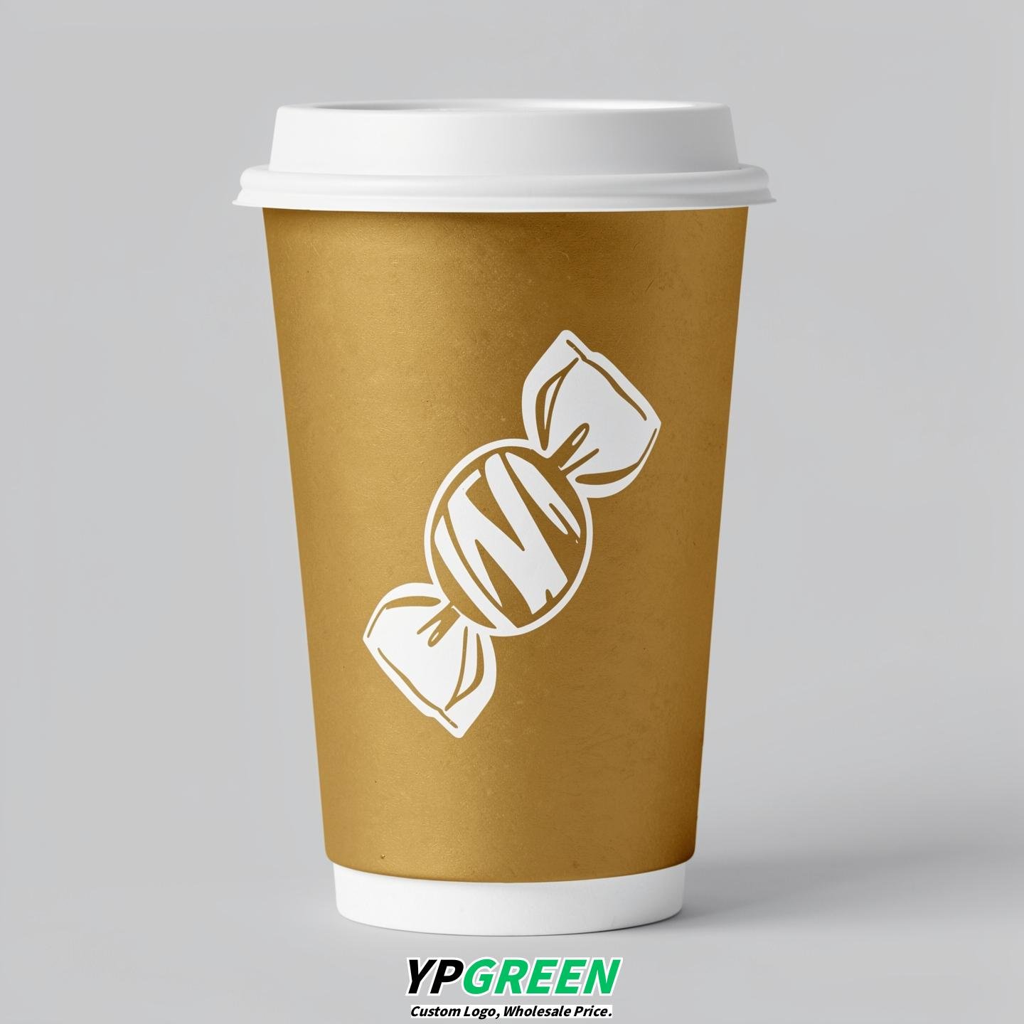 Gold Paper Cups with Candy Logo & Lids 8-24oz
