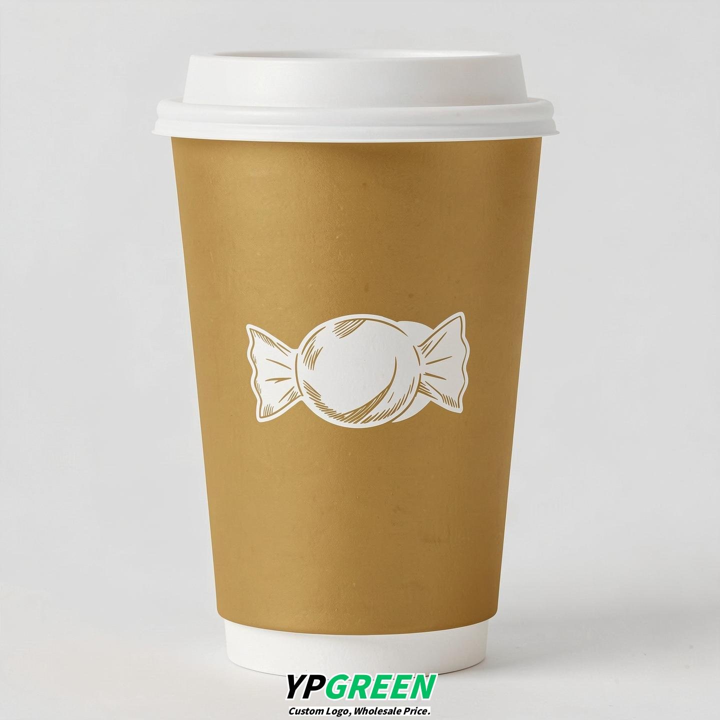 Gold Paper Cups with Candy Logo & Lids 8-24oz
