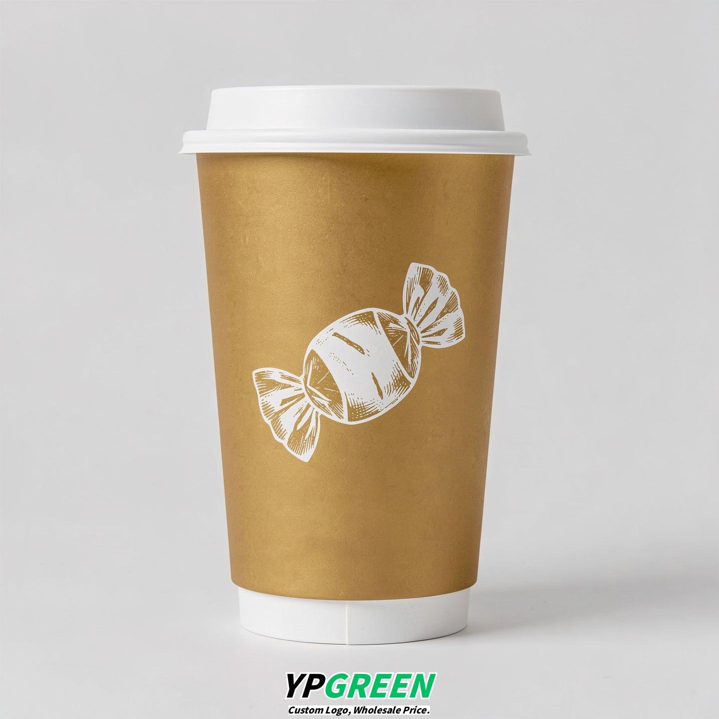 Gold Paper Cups with Candy Logo & Lids 8-24oz