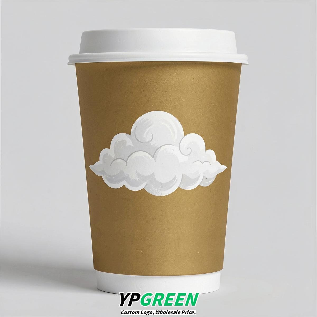 Gold Paper Cups with Clouds Logo & Lids 8-24oz