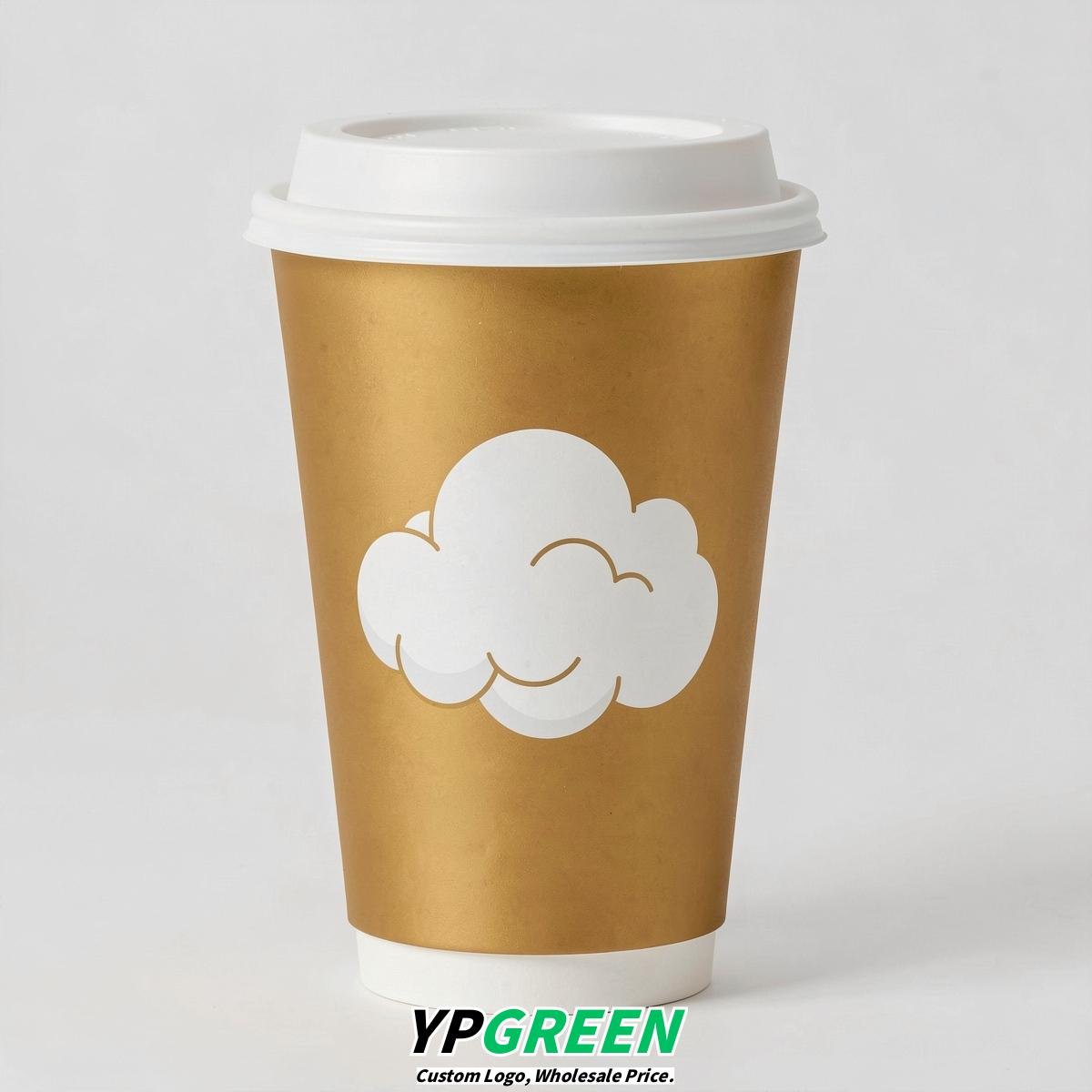 Gold Paper Cups with Clouds Logo & Lids 8-24oz