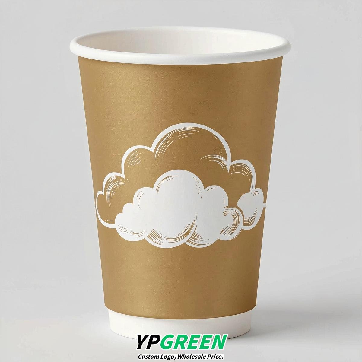 Gold Paper Cups with Clouds Logo & Lids 8-24oz