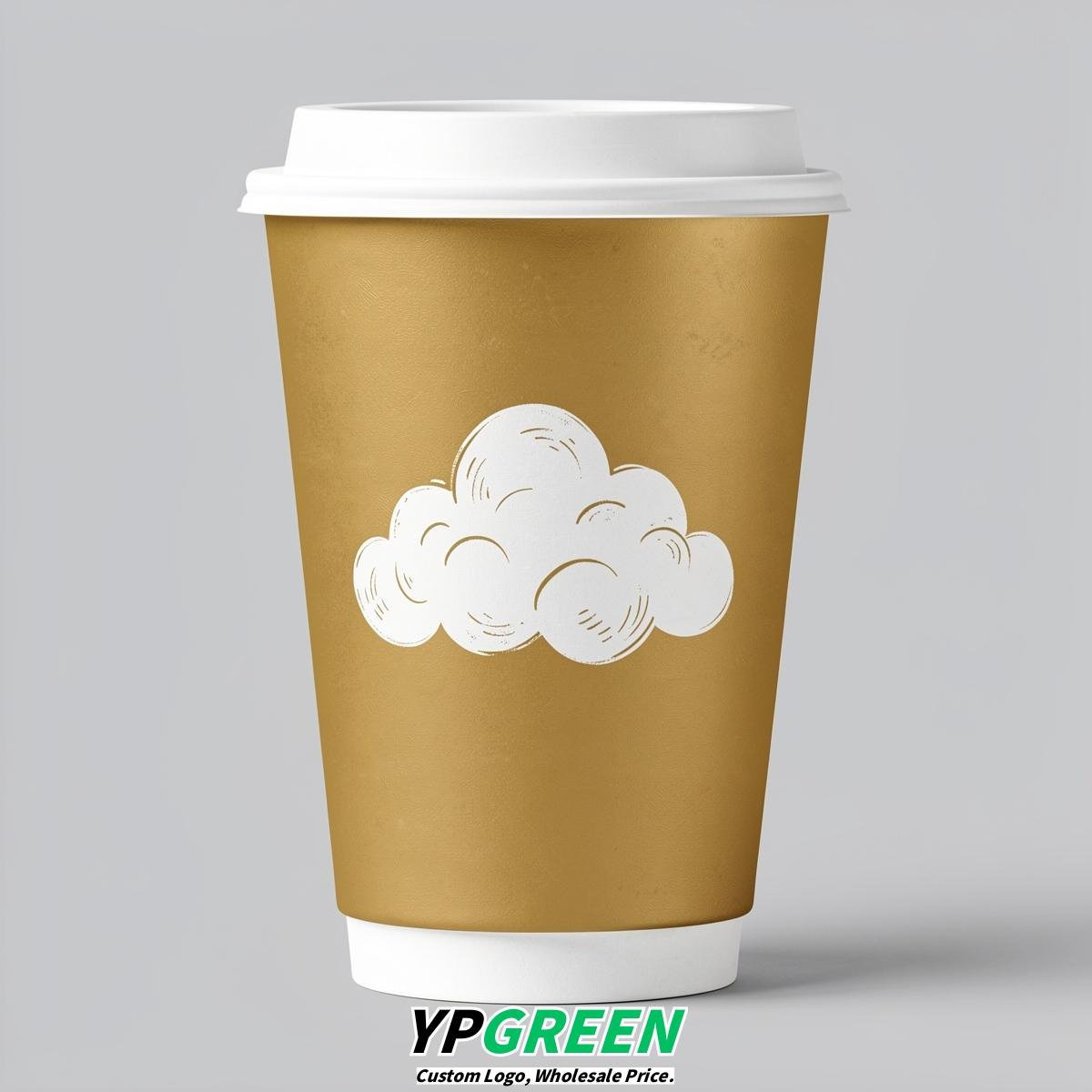 Gold Paper Cups with Clouds Logo & Lids 8-24oz