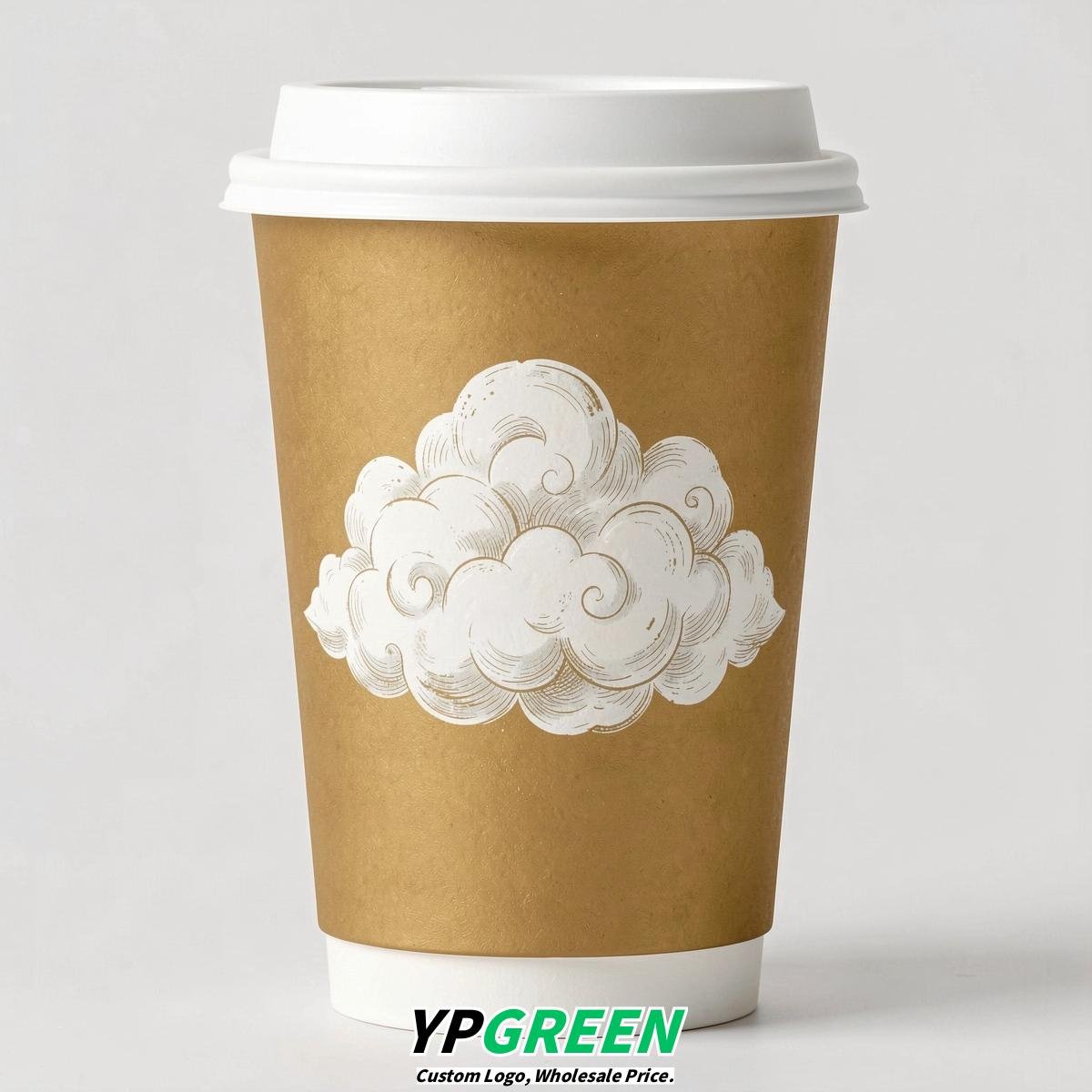 Gold Paper Cups with Clouds Logo & Lids 8-24oz