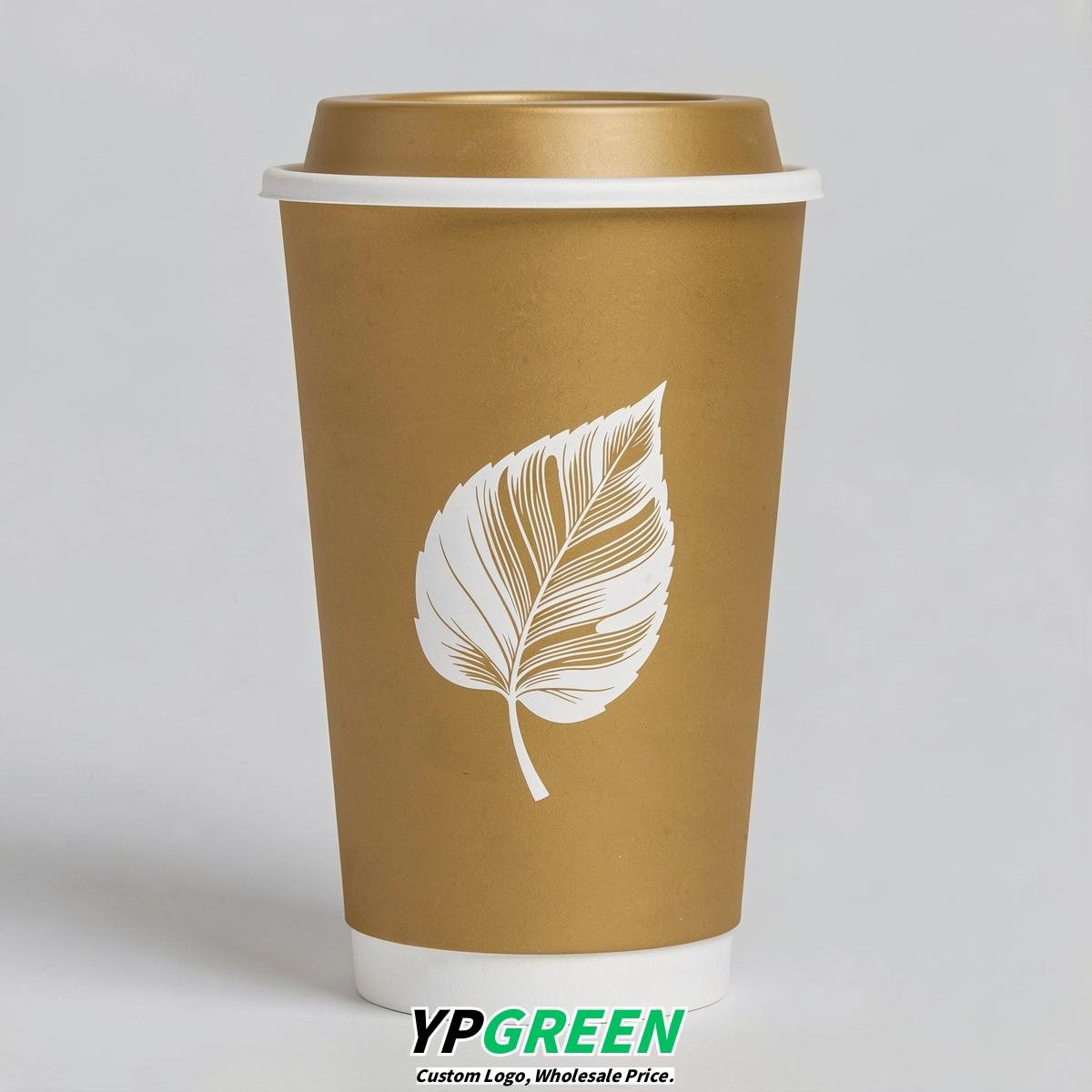 Gold Leaves Paper Cups with Lids 8-24oz