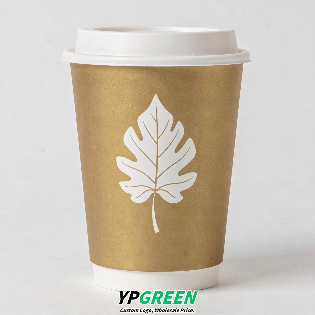 Gold Leaves Paper Cups with Lids 8-24oz