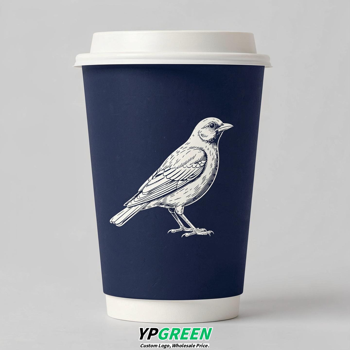 Indigo Paper Cups with Bird Logo & Lids 8-24oz