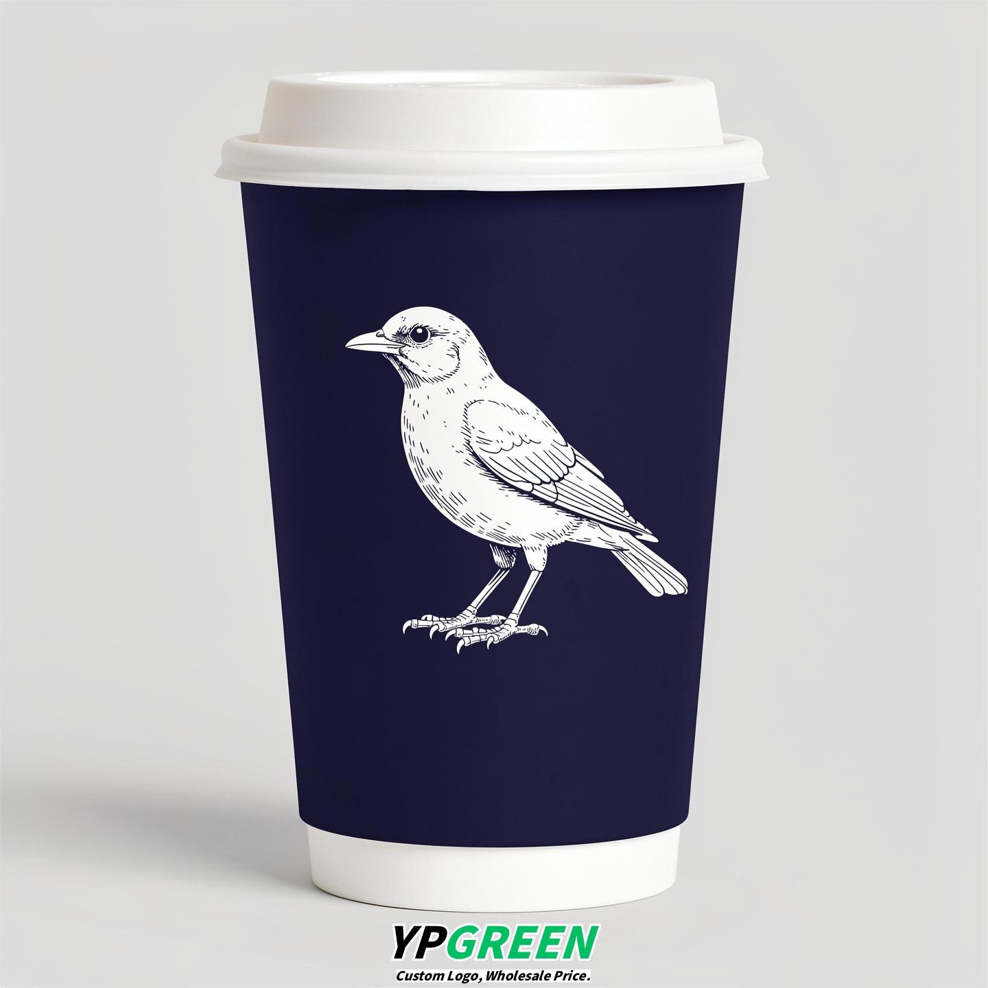 Indigo Paper Cups with Bird Logo & Lids 8-24oz