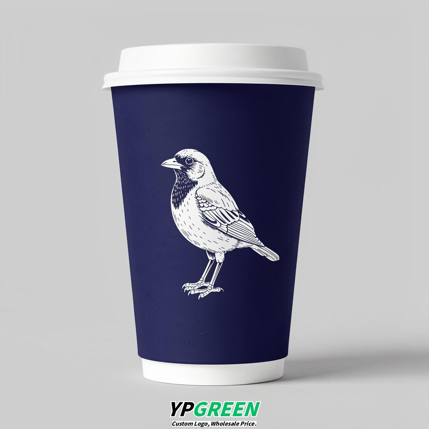 Indigo Paper Cups with Bird Logo & Lids 8-24oz