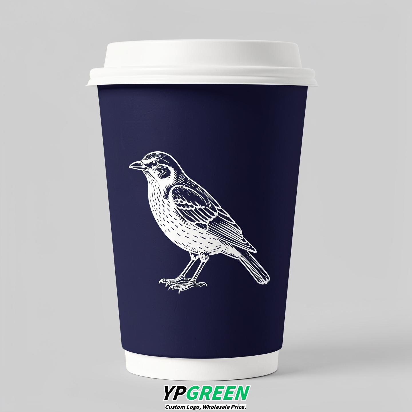 Indigo Paper Cups with Bird Logo & Lids 8-24oz