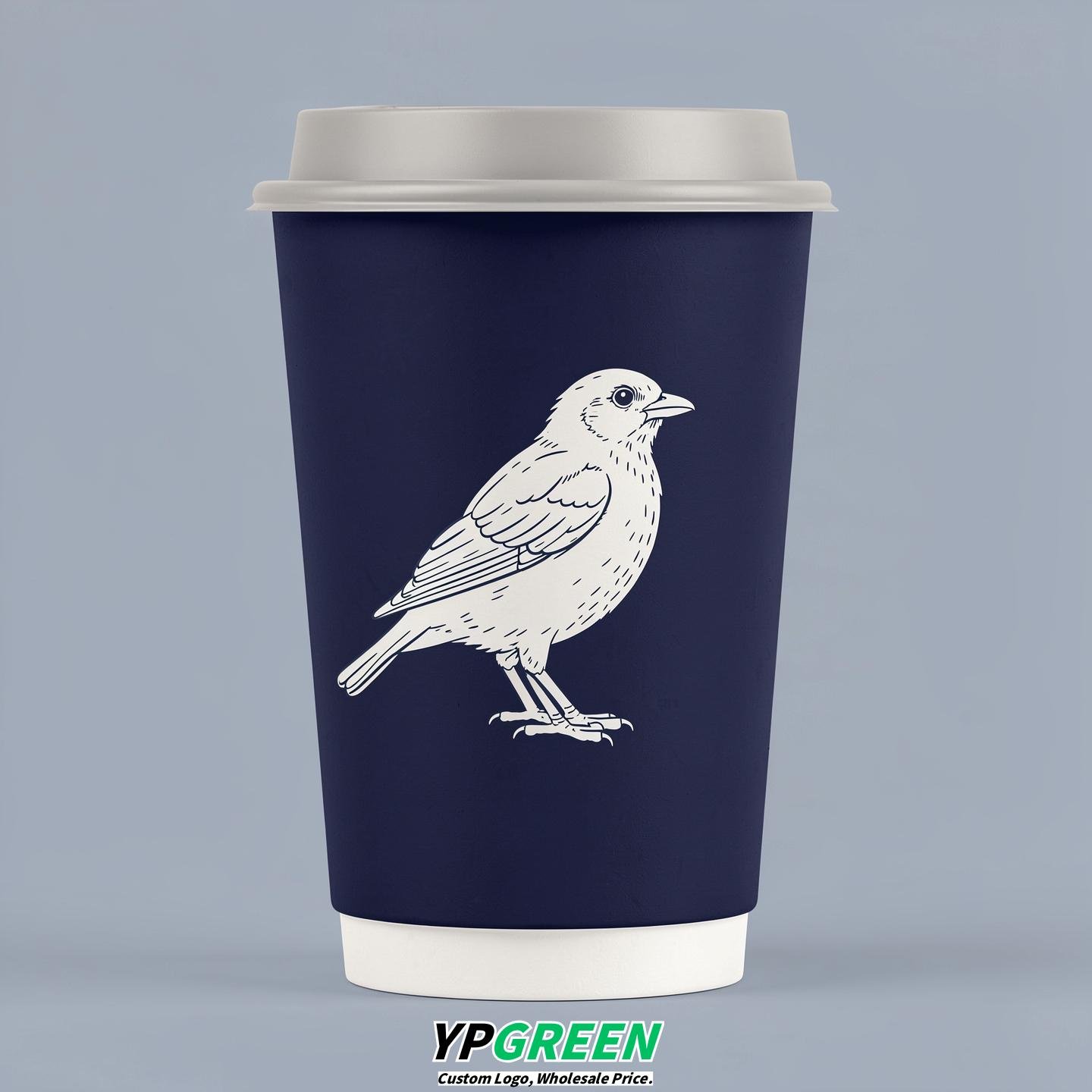 Indigo Paper Cups with Bird Logo & Lids 8-24oz