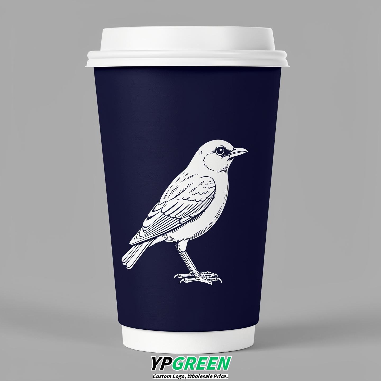 Indigo Paper Cups with Bird Logo & Lids 8-24oz