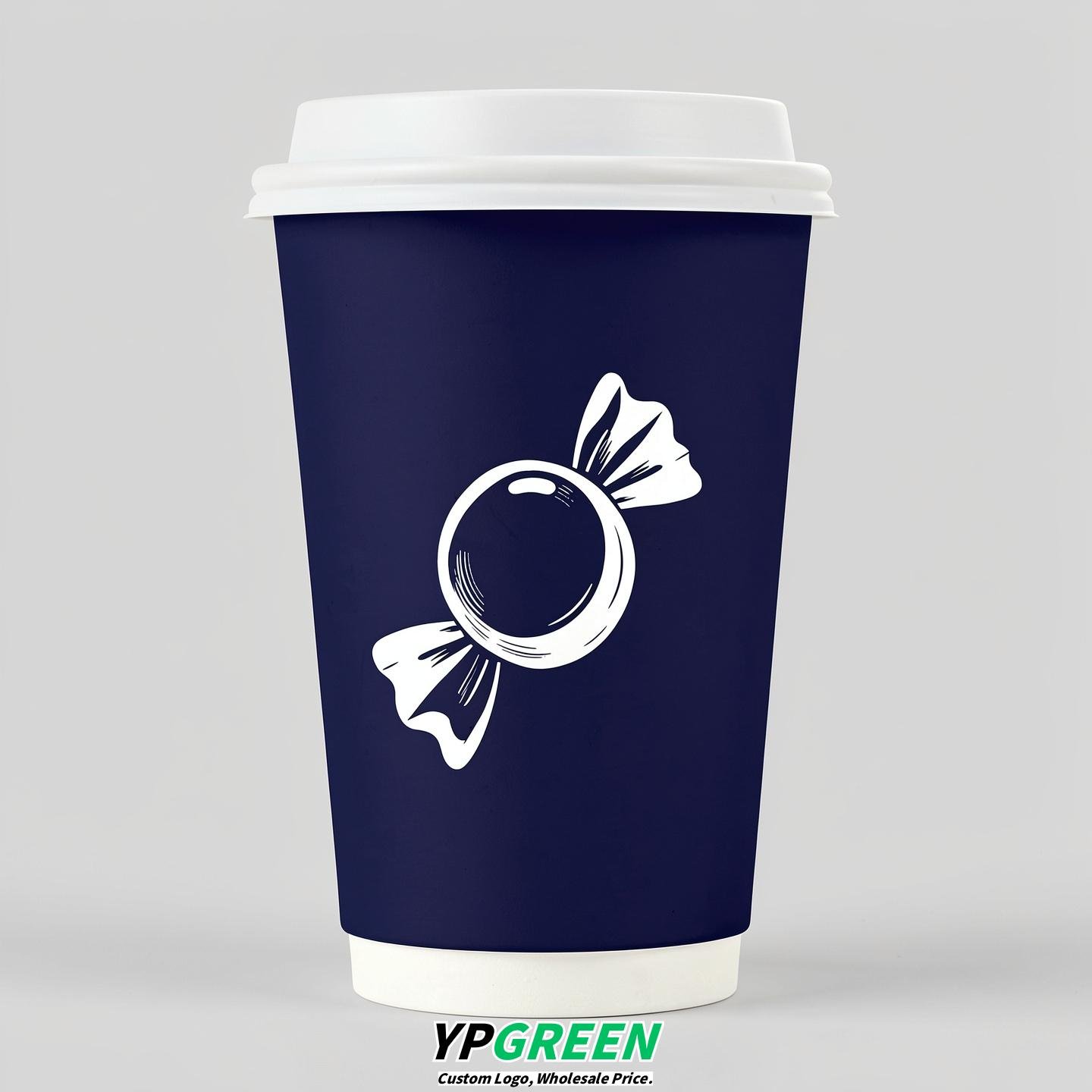 Indigo Paper Cups with Candy Logo & Lids 8-24oz