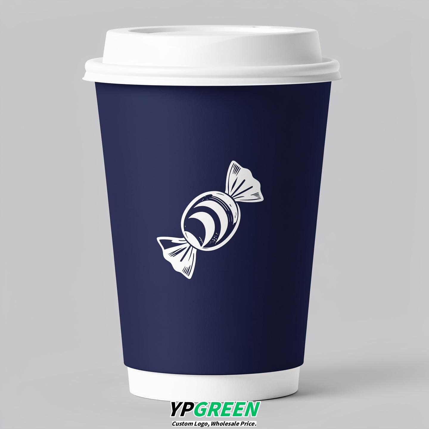 Indigo Paper Cups with Candy Logo & Lids 8-24oz