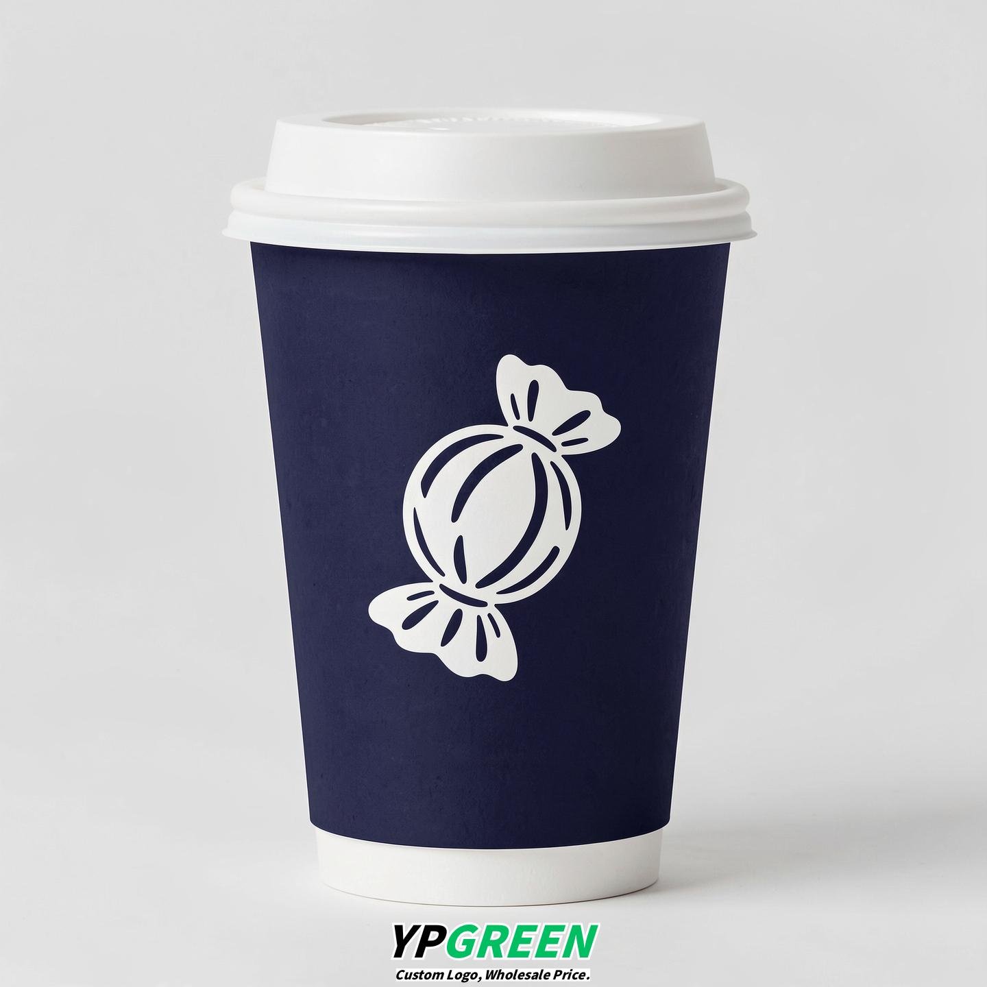 Indigo Paper Cups with Candy Logo & Lids 8-24oz