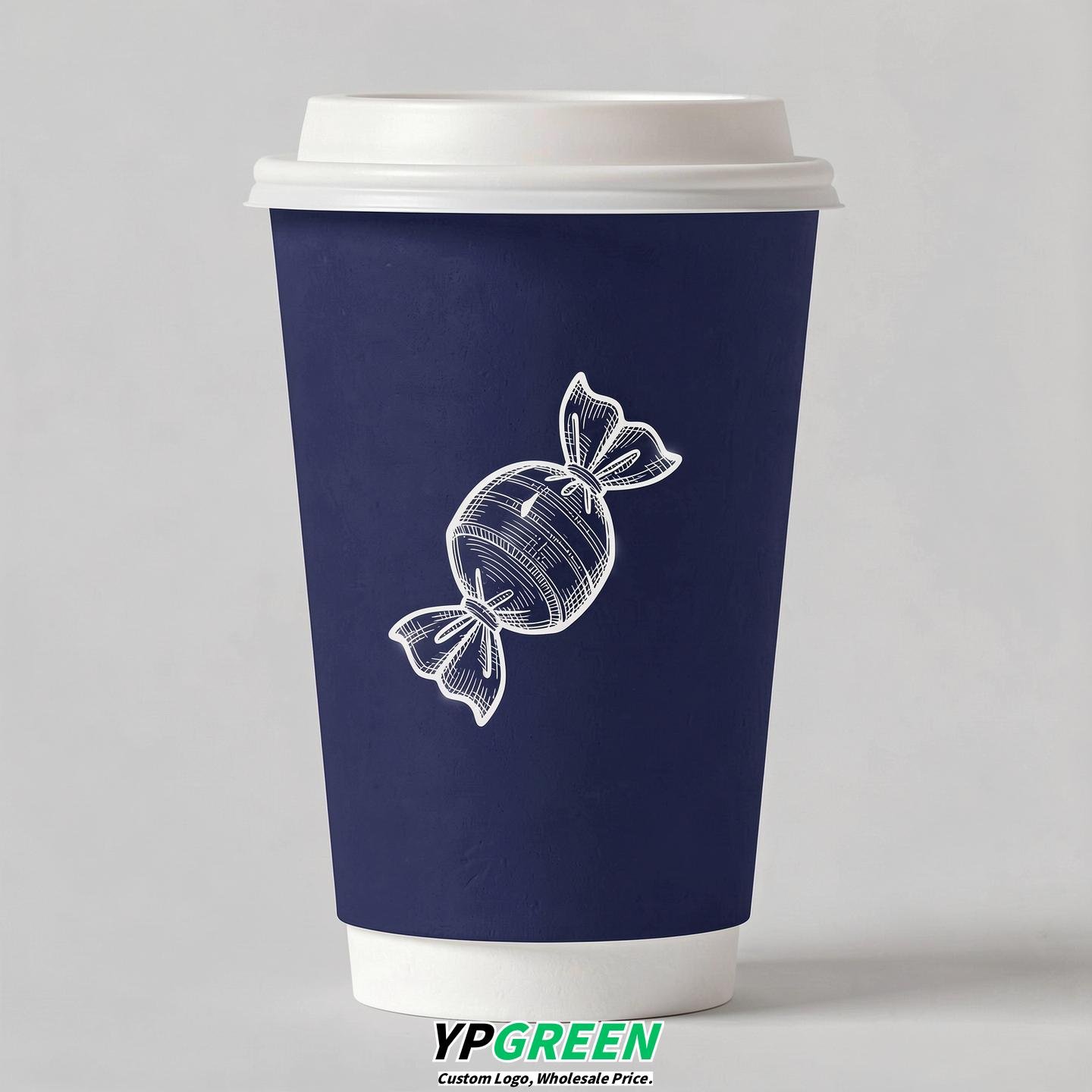Indigo Paper Cups with Candy Logo & Lids 8-24oz
