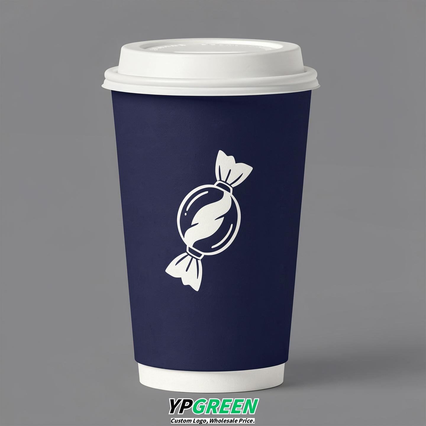 Indigo Paper Cups with Candy Logo & Lids 8-24oz