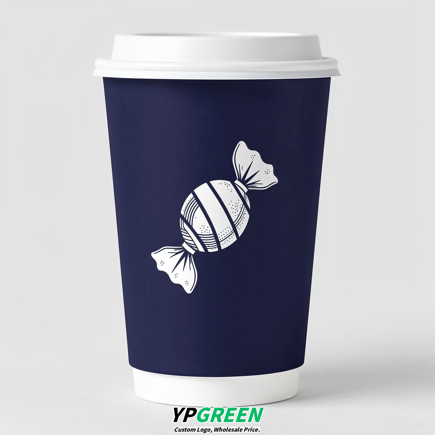 Indigo Paper Cups with Candy Logo & Lids 8-24oz