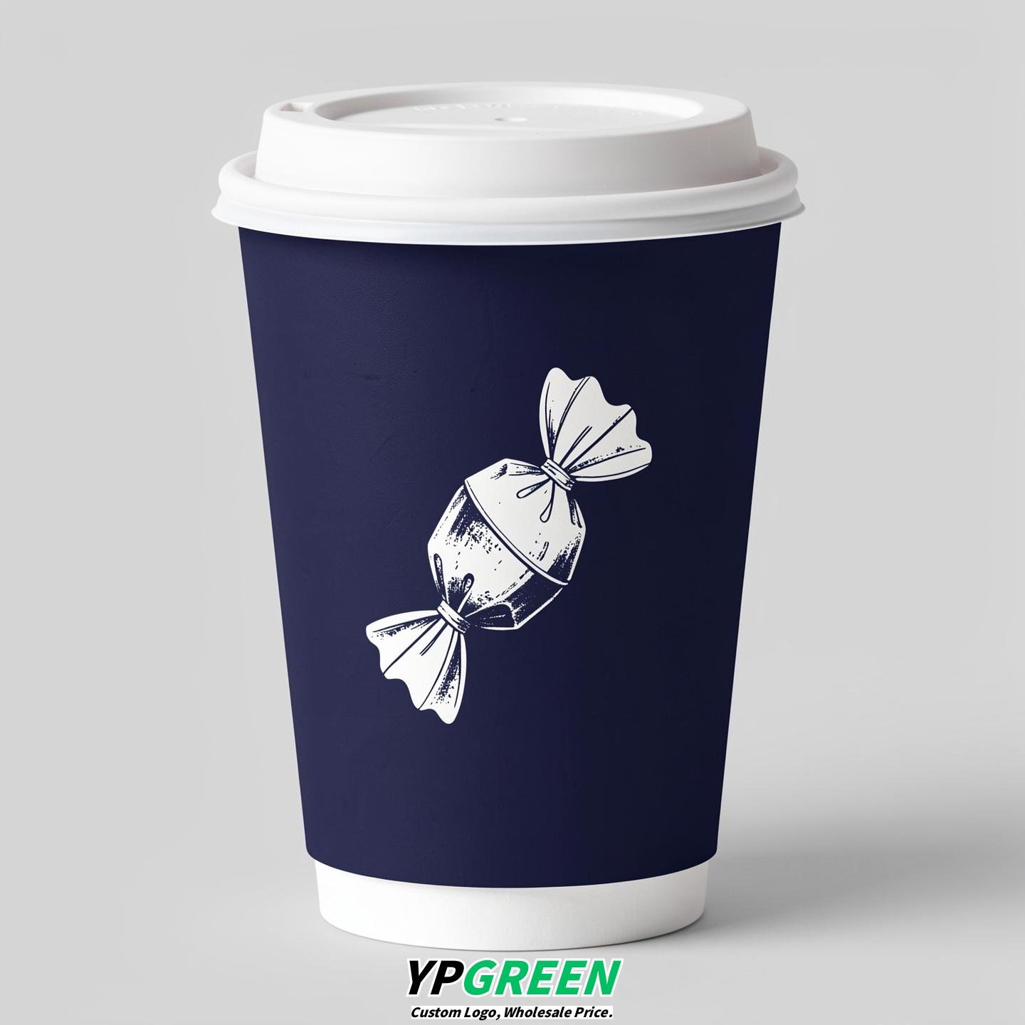 Indigo Paper Cups with Candy Logo & Lids 8-24oz