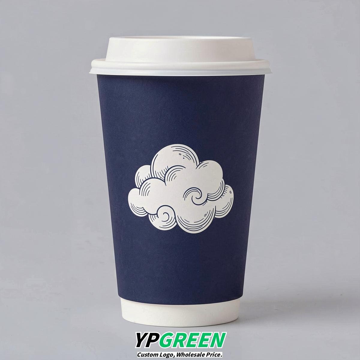 Indigo Paper Cups with Clouds Logo & Lids 8-24oz