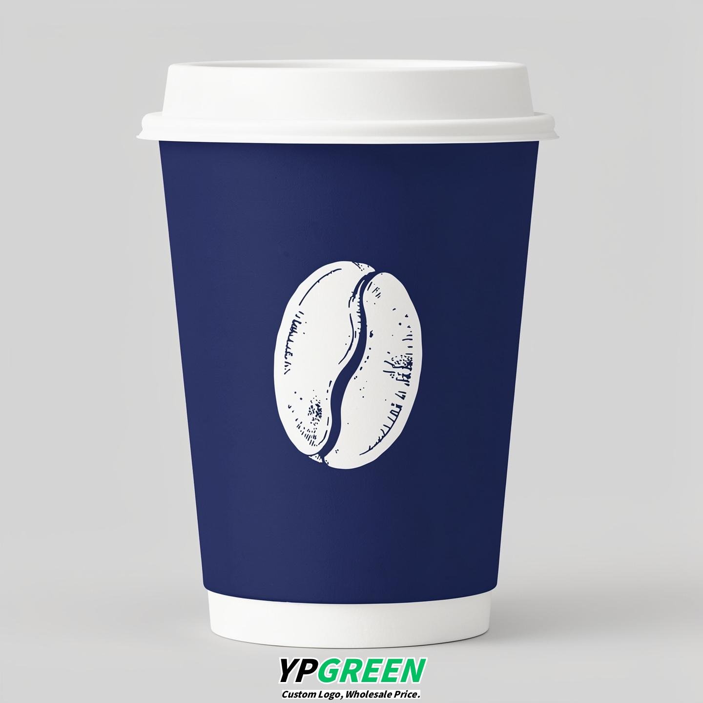 Indigo Paper Cups with Coffee Bean Logo & Lids 8-24oz