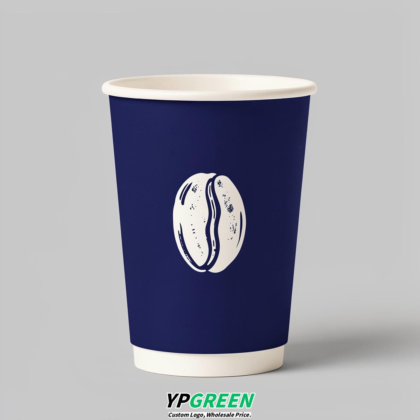 Indigo Paper Cups with Coffee Bean Logo & Lids 8-24oz